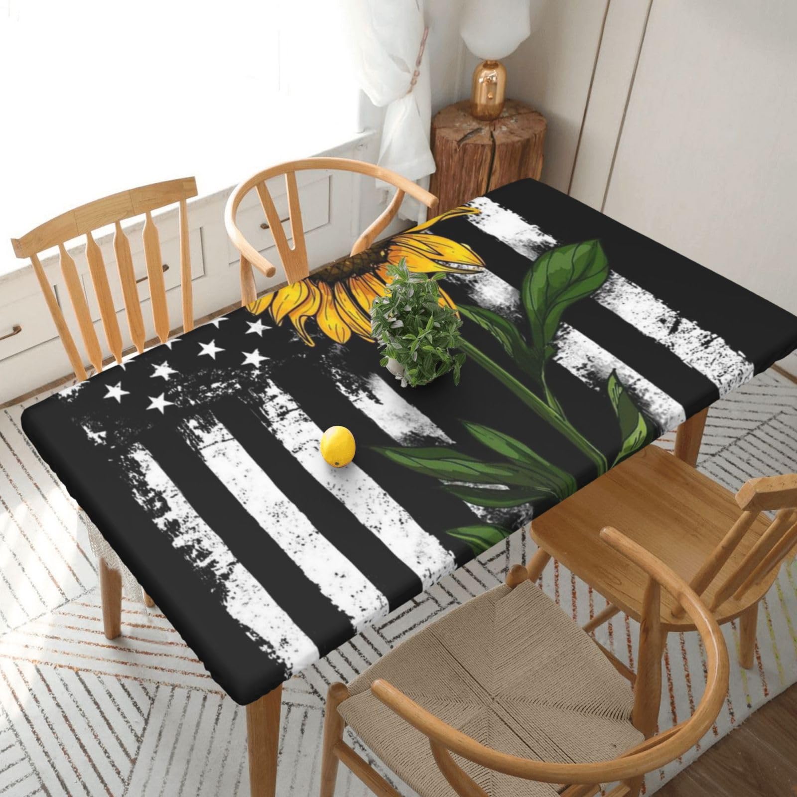 DCEHGEW Elastic Fitted Rectangle Tablecloth for 5ft Tables, Sunflower And American Flag Printed Oilproof & Washable Fabric Picnic Table Cloth Table Covers