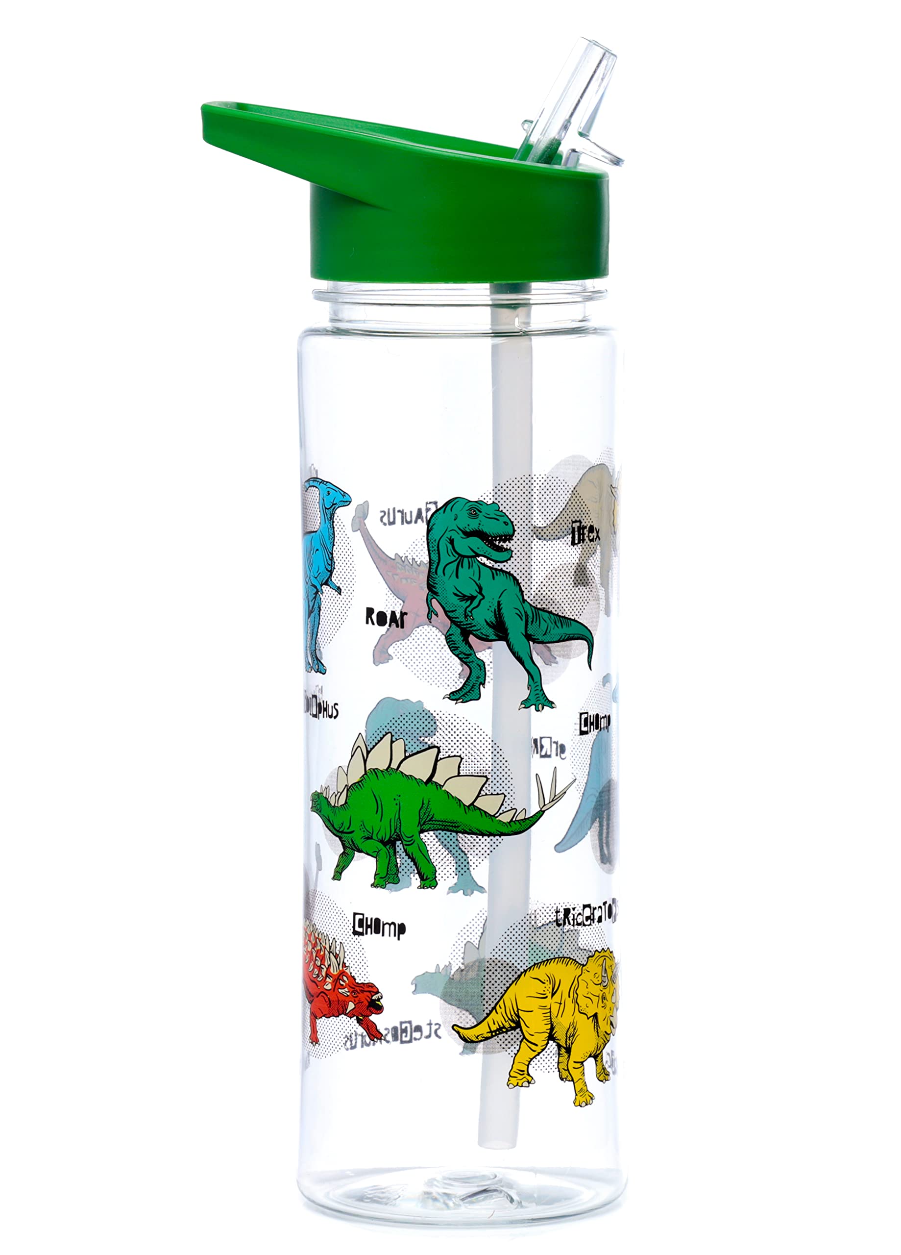 Puckator Dinosauria - Kids Drinks Bottle With Flip Straw - Reusable Water Bottle For Girls And Boys With A Carry Handle - Bpa Free - For School Nursery - Cute Dinosaur Design - Pp 550ml