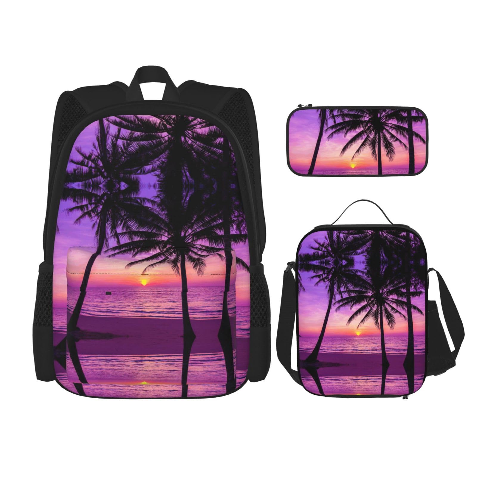 Juego de 3 mochilas escolares con estampado de silueta de palmeras al atardecer, mochila para laptop resistente al agua de gran capacidad con bolsa de almuerzo aislada y estuche para lápices para