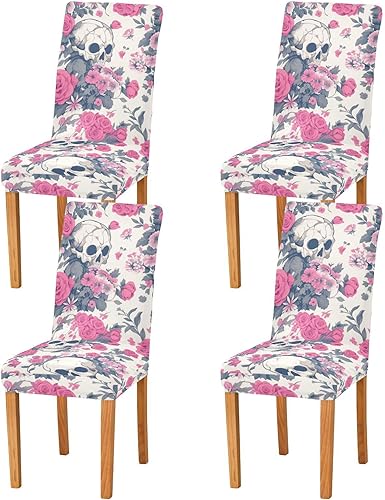 Juego de 4 fundas decorativas para sillas decorativas de Halloween con calavera blanca y durazno para festivales (Pascua, graduación, etc.), fundas