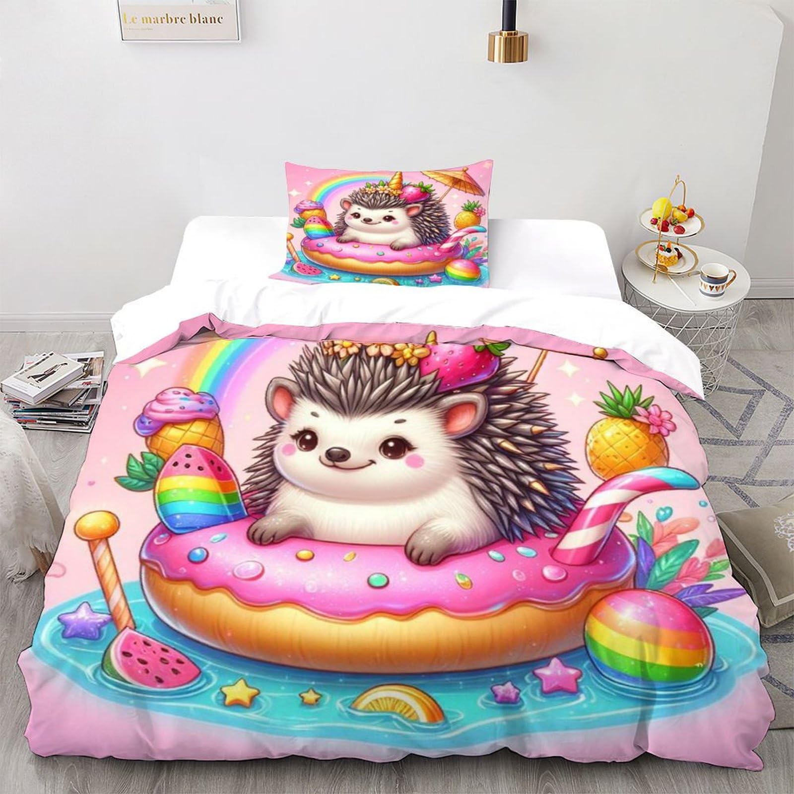 Sweet Hedgehog Duvet Cover Set 3D Printed Pink Cute Animals with Pillowcase 2 Pieces Bedding Sets Soft Microfiber Quilt Cover Set for Teens And Adults Single（135x200cm）
