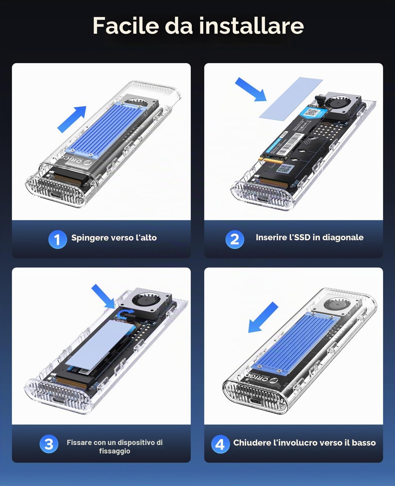 ORICO Case SSD M.2 NVMe 40Gbps, Adattatore SSD M2 NVMe USB 4 Con Ventilatore Incorporato, Esterno Enclosure per M-Key SSD 2230/2242/2260/2280, Compatibile Thunderbolt 4/3 USB 3.2/3.1/3.0, TCM2-U4-BL