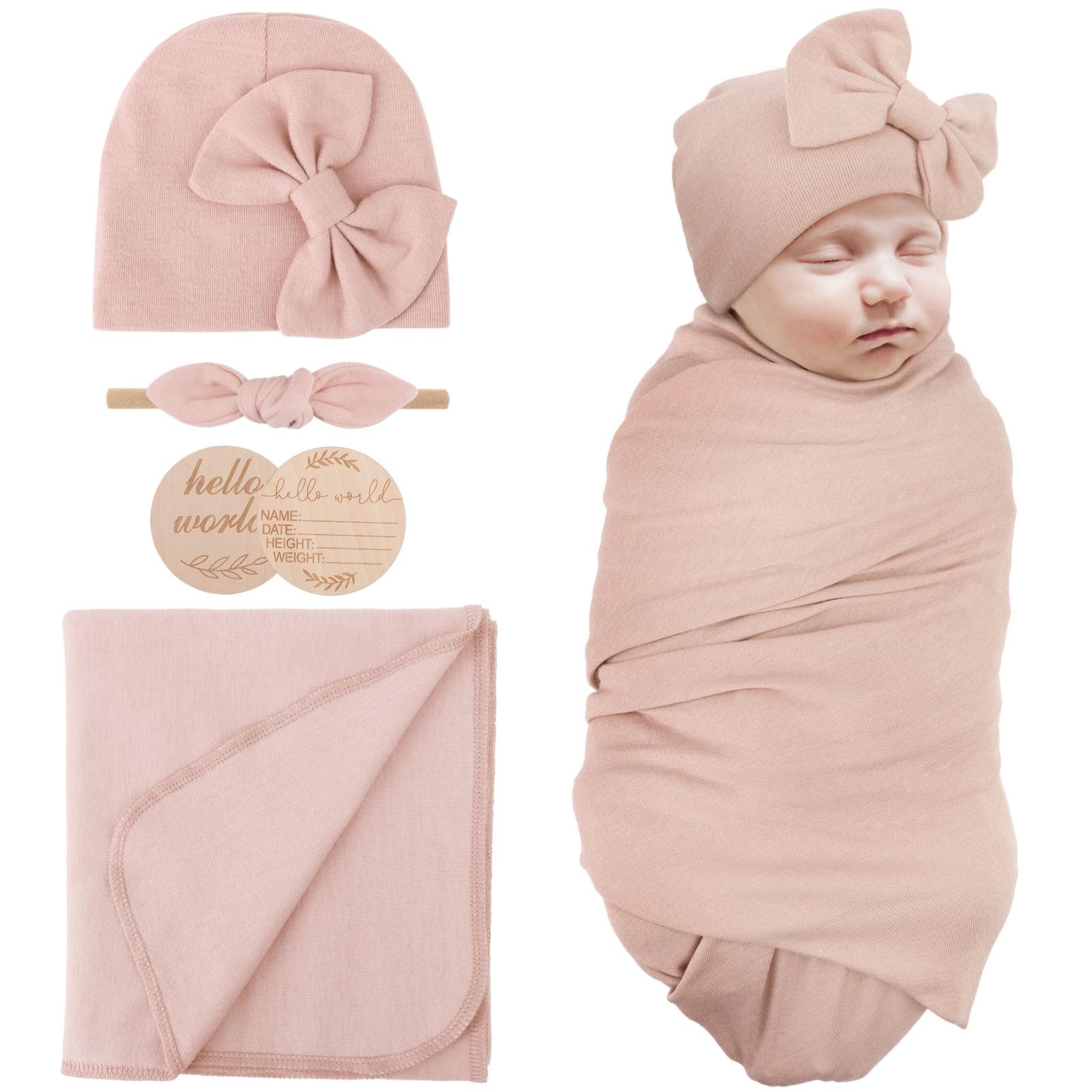 AQOKKA Newborn Receiving Blanket with Bow Hat Headband Wooden Card Set Newborns Toddler Baby Boy Girl Nursery Swaddle Wrap