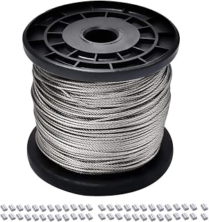 Little World 1/16 Wire Rope, 304 Stainless Steel Wire Cable, 7x7 Strand Core, 328FT Length Aircraft Cable, 368 lbs Breaking Strength with 100 Pcs Aluminum Crimping Sleeves
