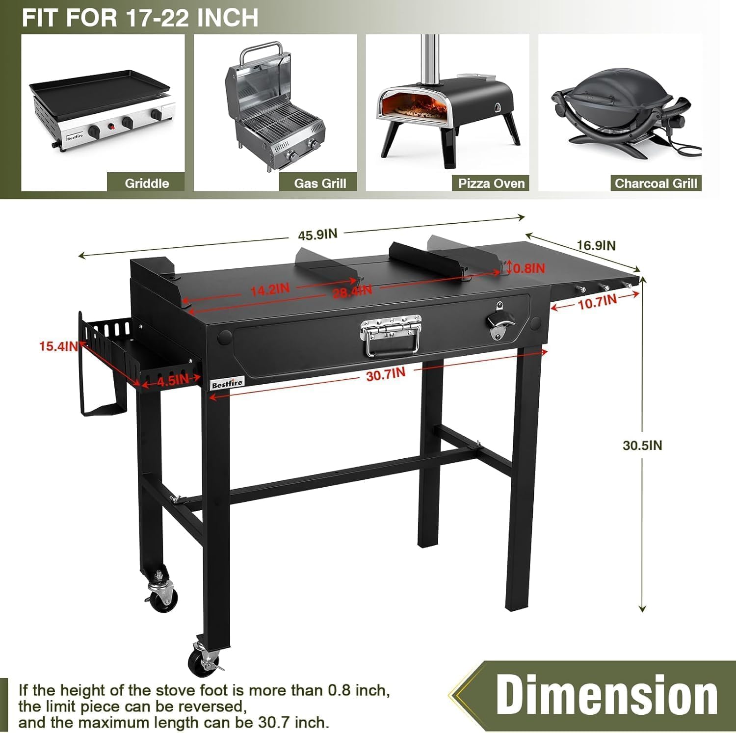The outdoor table with overall and specific section measurements.