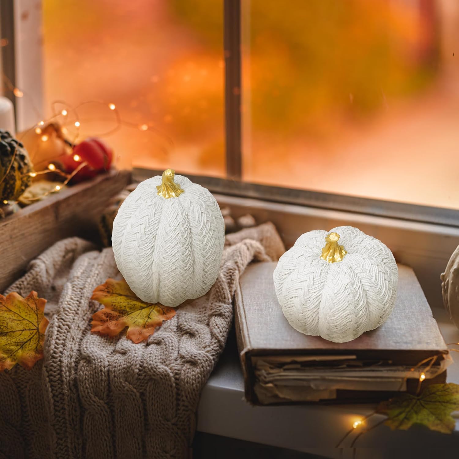 2pcs White Gold Pumpkins Fall Decor, Small Resin White Braided Pumpkin for Fall Autumn Table Decorations