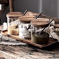 Vista 6 de Stephanie Imports Juego de 3 tarros de especias de vidrio con tapas de bambú, cucharas y bandeja