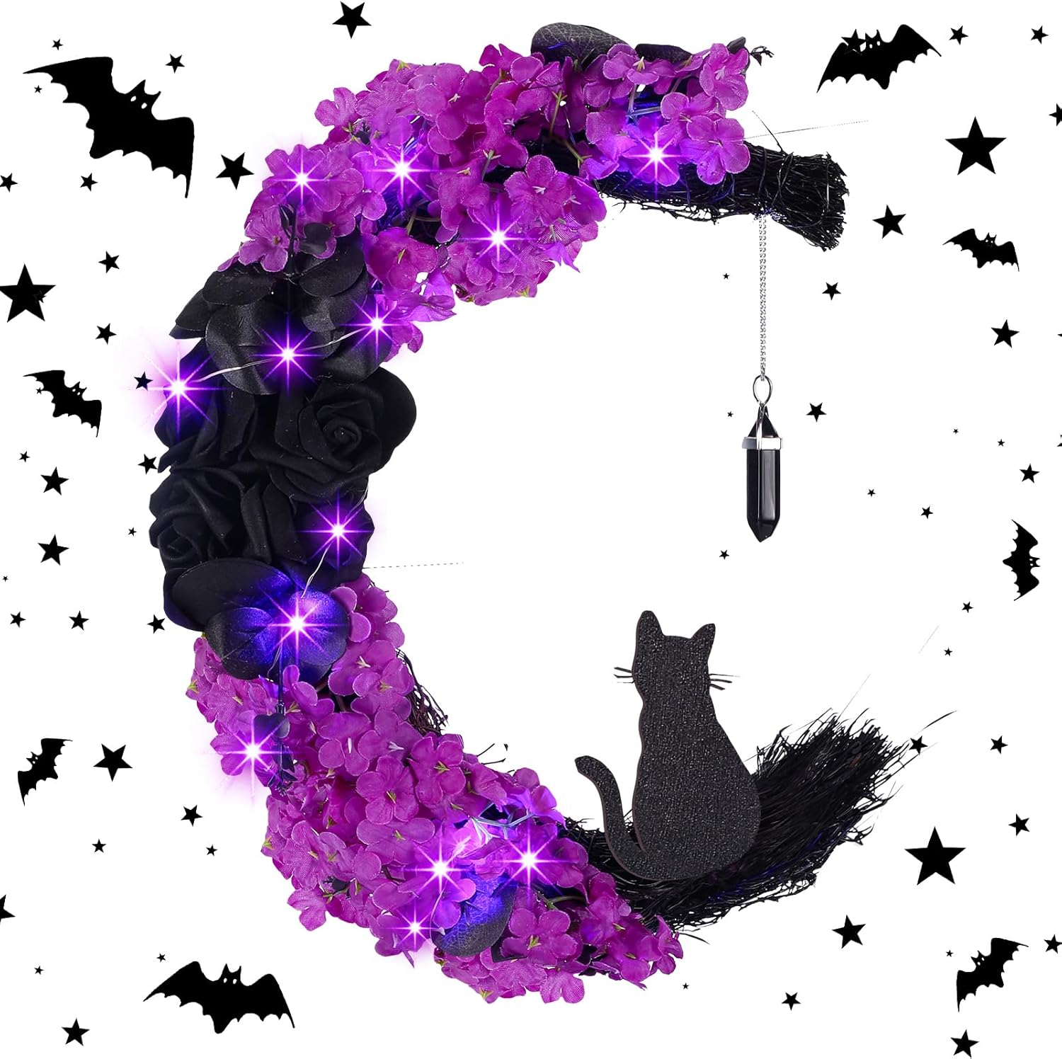 Ceenna Halloween Moon Cat Wreath with Rose Black Cat Door Cute Garland Light up Moon Wreath with Rose for Front Door Indoor Outdoor Window Farmhouse Porch Wall(Purple Flower)