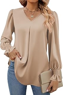 Funlingo Women's 2025 Long Sleeve Tops Dressy Casual V Neck Tunic Shirts Loose Chiffon