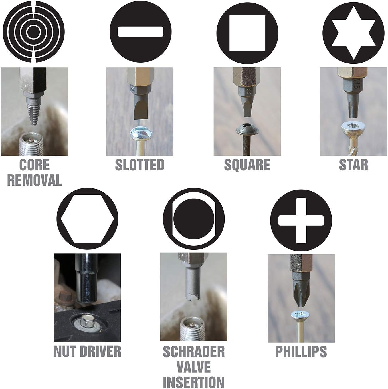 Diagram illustrating the application of various bits: Core Removal, Slotted, Square, Star, Nut Driver, Schrader Valve Insertion, and Phillips, showing how each is used on a corresponding fastener.