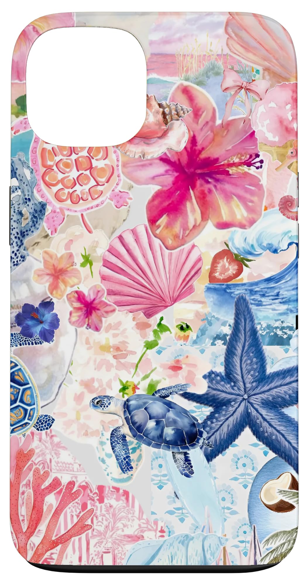 European Summer Preppy Collage Hibiscus And Turtle Case for iPhone 13