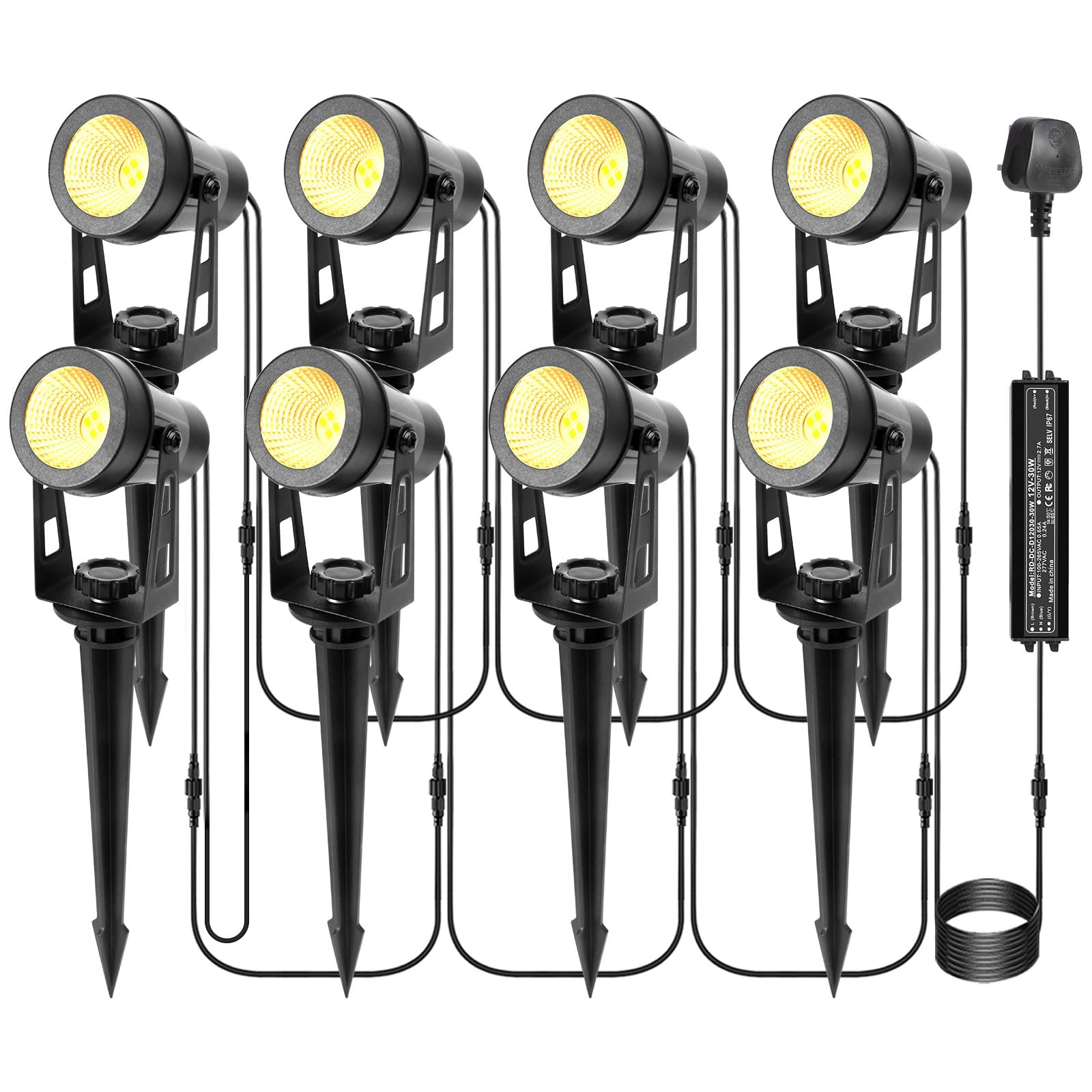 ECOWHO Garden Lights Mains, 27m 8-in-1 LED Outdoor Spotlights with Adapter