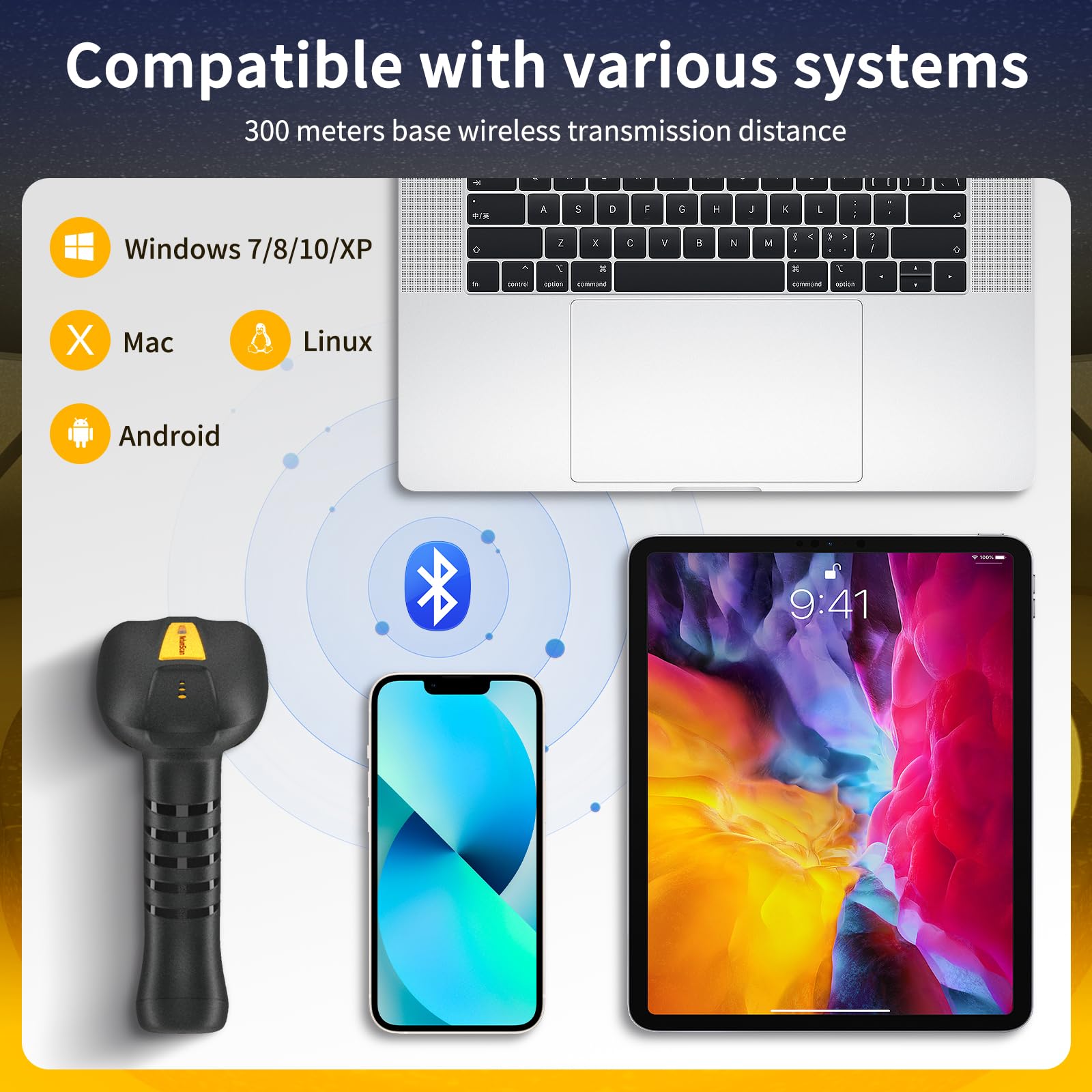 NetumScan Lettore di codici a barre wireless Bluetooth 1D/2D di qualità industriale, batteria da 2600 mAh con stazione di ricarica, compatibile con POS, PC, iPhone, Android per vendita al dettaglio
