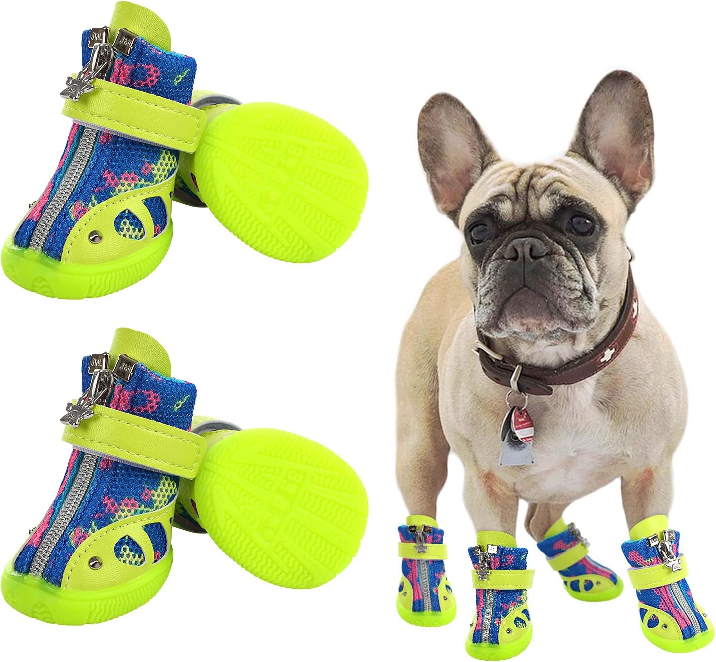 Zuozee Dog Boots Breathable Mesh Shoes Anti-Slip Sole with Reflective Straps and Zipper Closure Pet Paw Protector for Small Medium Dog 4pcs