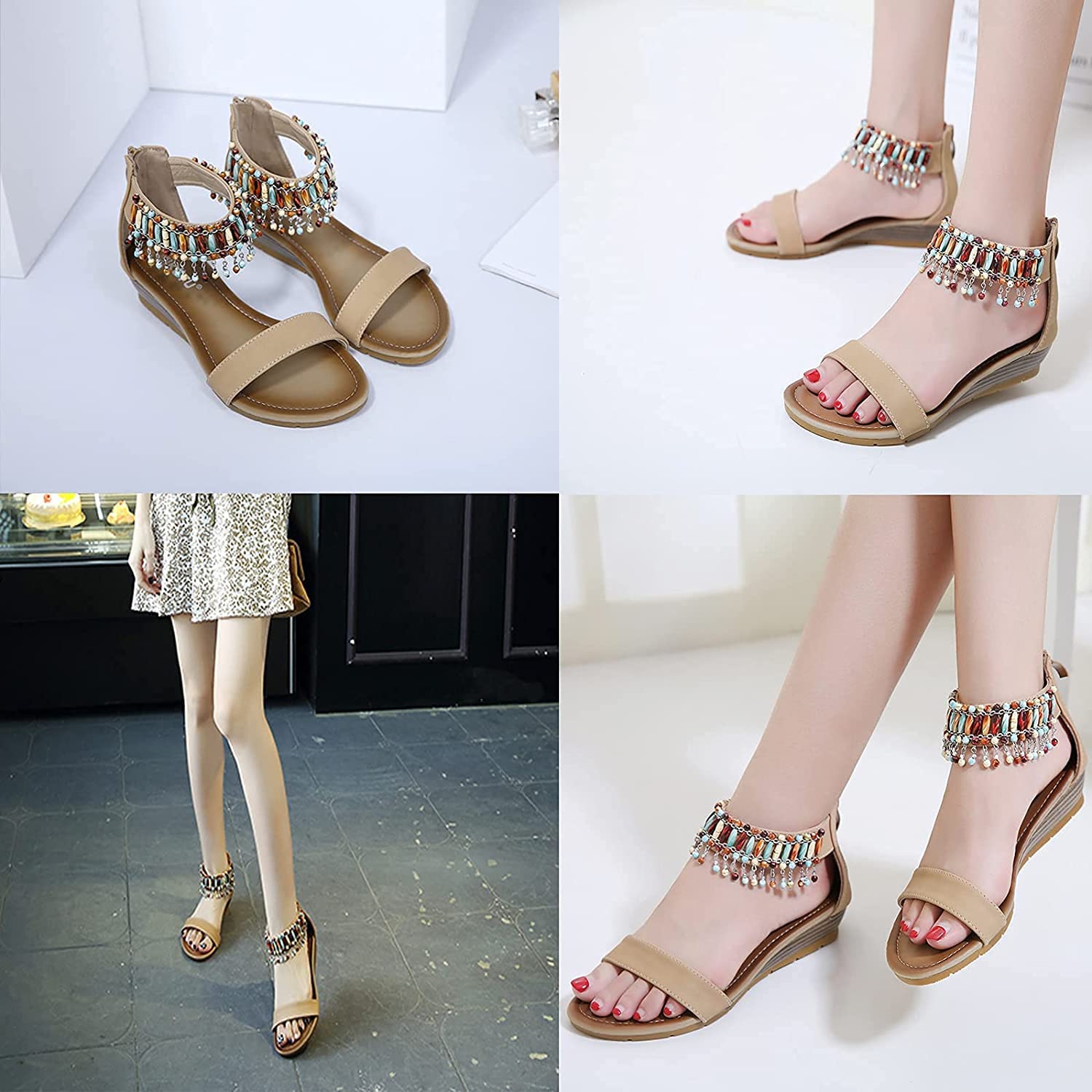 Sandalias Bohemias con Cremallera para Mujer, Chanclas de Playa de Verano, Zapatillas con Punta Abierta, Zapatos con Cremallera Plana Romana, Plataforma, Punta Abierta, Sandalias de tacón con