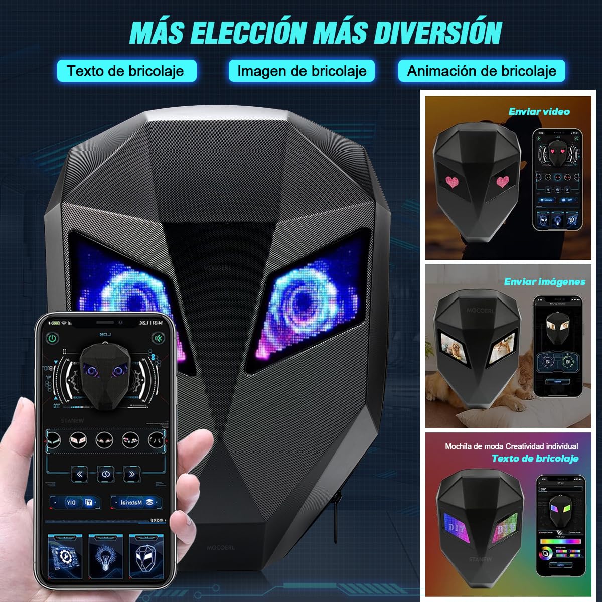 MOXOERL Mochila Ojos Led Moto, Mochila de Motocicleta LED para Hombre, Impermeable para Casco de Moto 3D, Texto/Imagen/GIF Animado, Negro