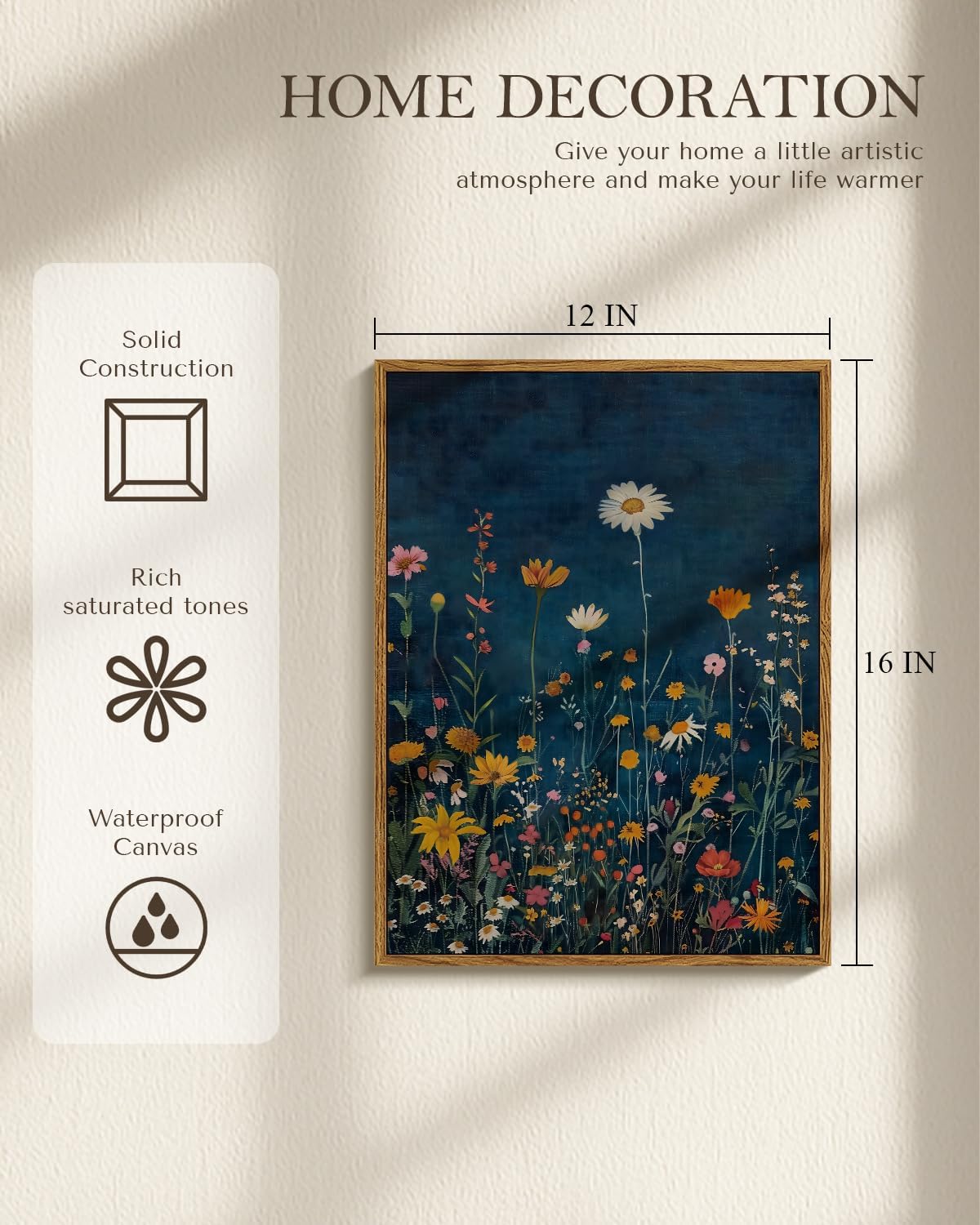 WHASAYART Botanical Floral Canvas Print 12x16 Framed Wildflower Wall Art, Rustic Dark Blue Colorful Flower Artwork, Vibrant Vintage Painting Living Room Kitchen Bedroom Hallway Home Decor - Image 2