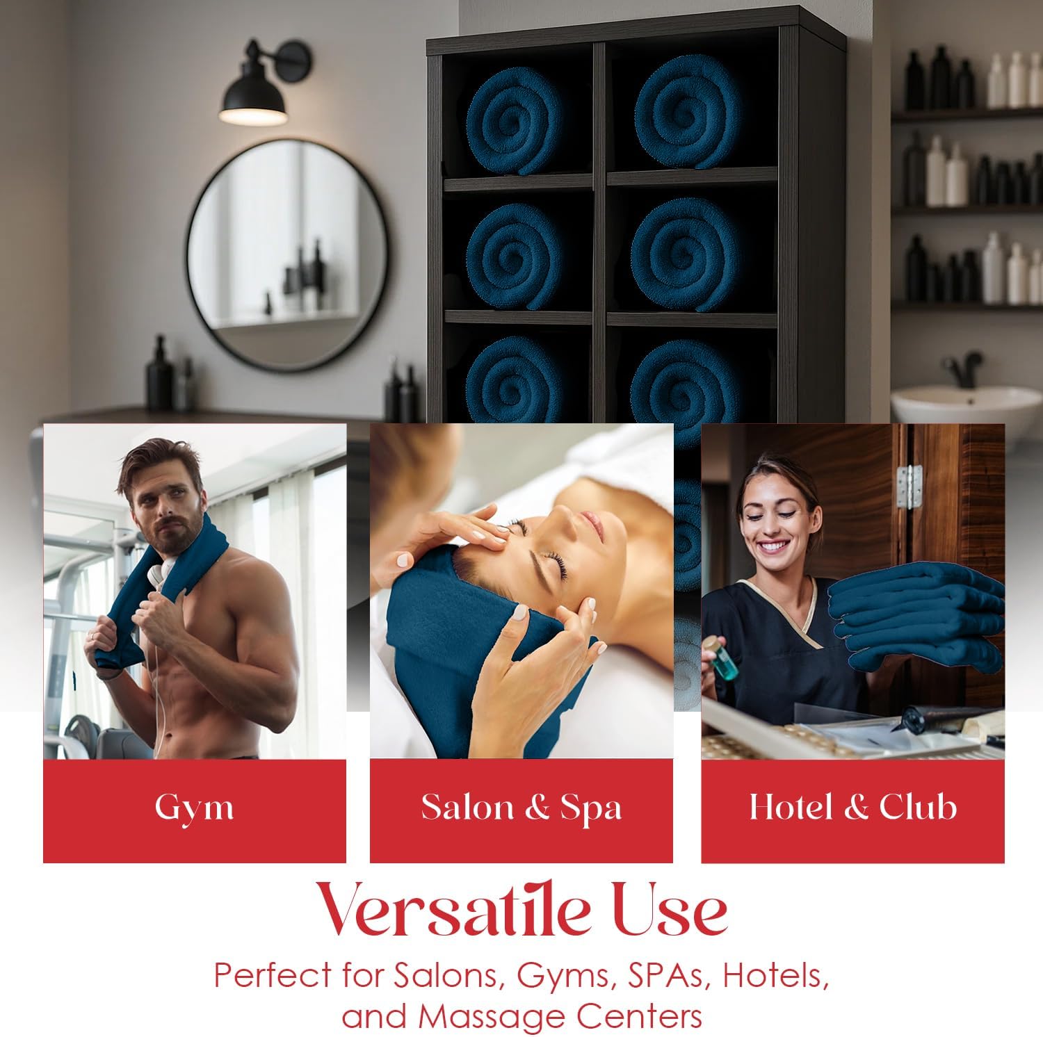 RIVERSIDE Pack of 24 Salon Towels Set – 16 x 26 Inches, 100% Ring Spun Cotton Highly Absorbent and Quick Dry Towels for Salon, Hand, Barber, Gym, Home & Hair Care, Navy Blue