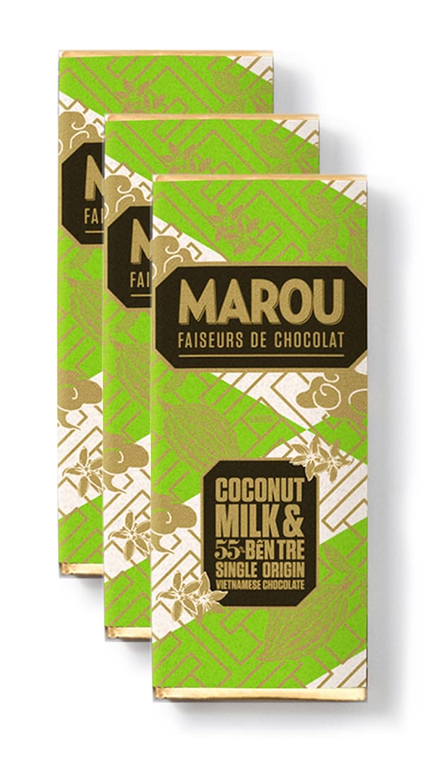 Marou Origin Plus Coconut Milk & Ben Tre 55% Cacao Milk Chocolate 3-Pack | Vietnam Single Origin, Dairy Free, Gluten Free, Soy Free | 3 x 24g Mini Bar