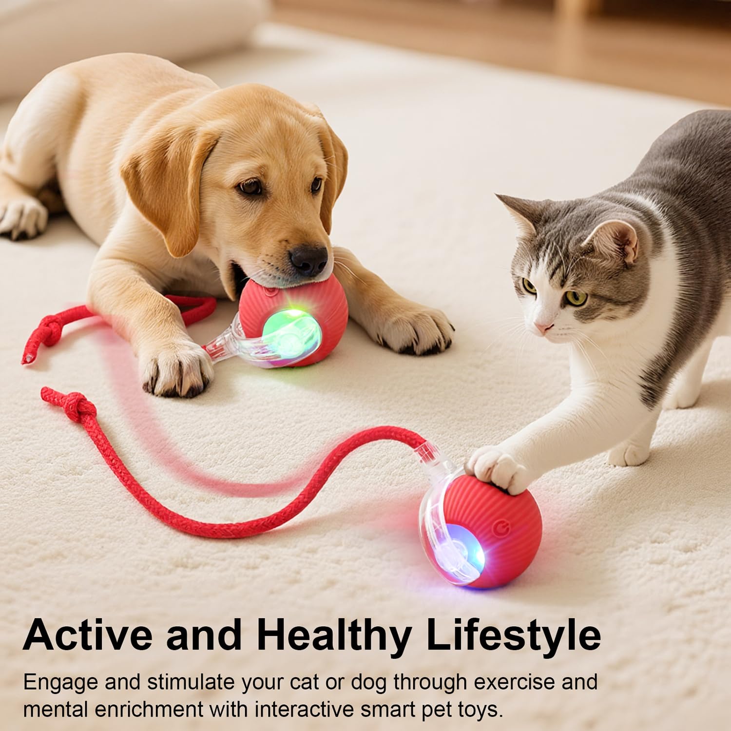 Interactive Electric Automatic Rolling Moving USB Rechargeable Self Activated Play Stimulation Toy Smart Chase Teaser Ball with Speedy Tail Rope for Bored Adult Indoor Cats and Dogs, Red - image 2
