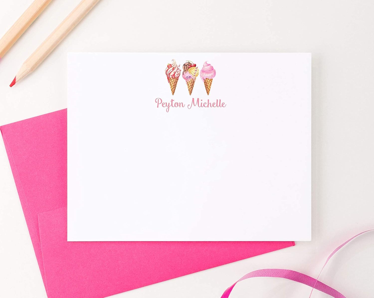 Personalized Ice Cream Stationery Set with Envelopes FLAT NOTE CARDS, Personalized Ice Cream Stationary Set for Girls, IceCream Note Cards for Girls Stationary, Choice of Colors and Quantity