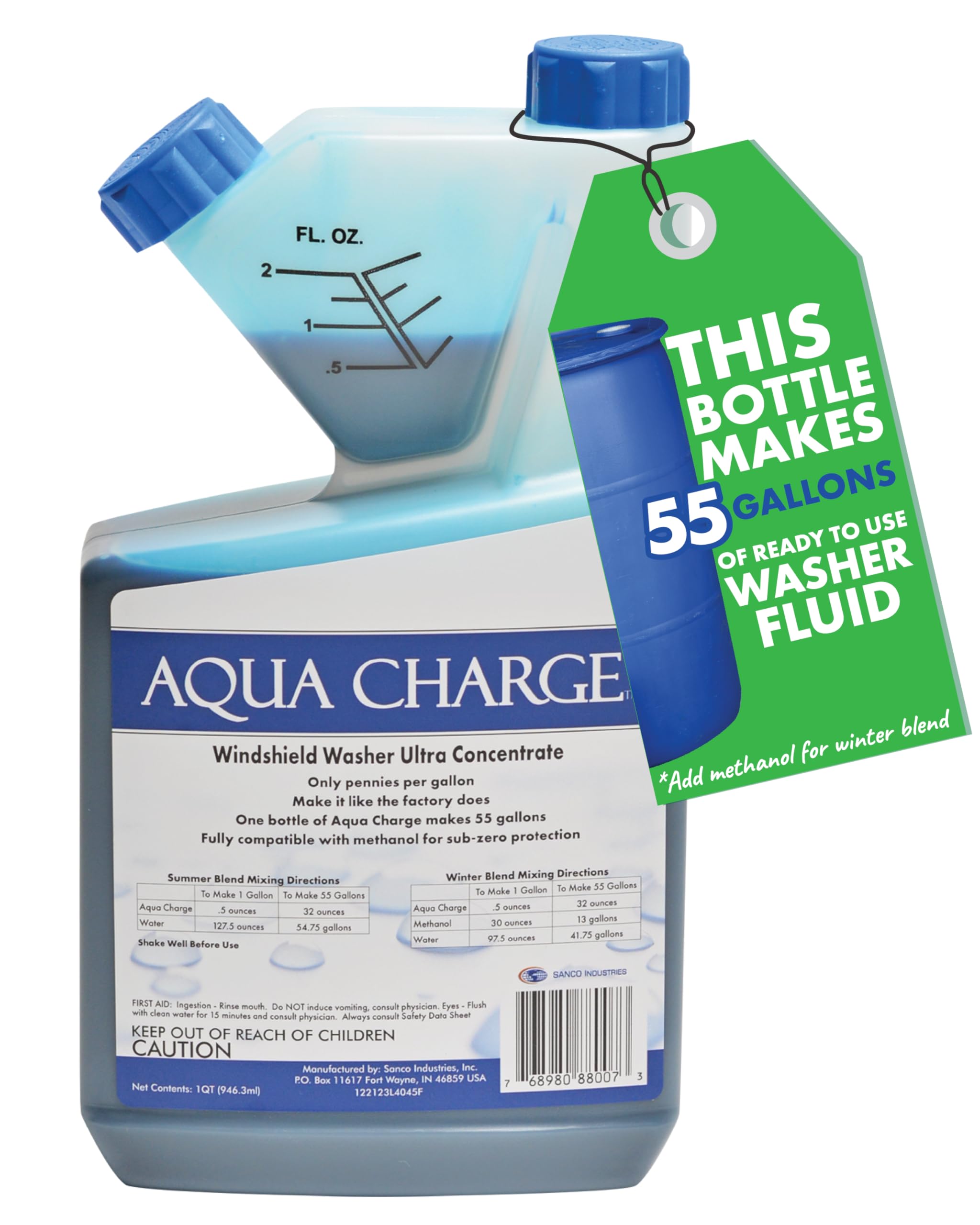 Sanco Industries Aqua Charge - Windshield Washer Fluid Ultra Concentrate, 1 Bottle Makes 55 Gallons - 32 Ounces