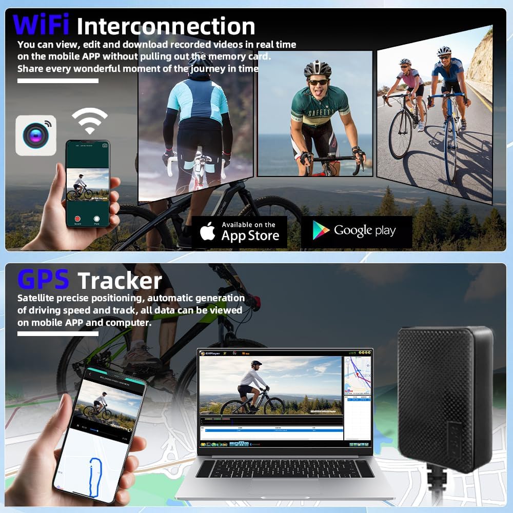 VSYSTO Bicycle Camera, Selfie Mode, Auto Power on/Off, WiFi GPS HD 1080P Front and Rear View Camera 4 Inch Screen Bike Dash Cam, Assisted Driving Mode, Temperature Display, G-Sensor, Wired Controller