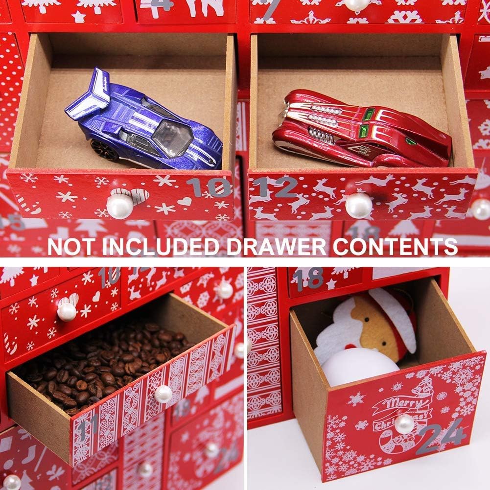 Juegoal Red Advent Calendar with 24 Drawers Countdown to Christmas, Refillable Wooden Advent, Christmas Gift for Children, 15 Inches Tall