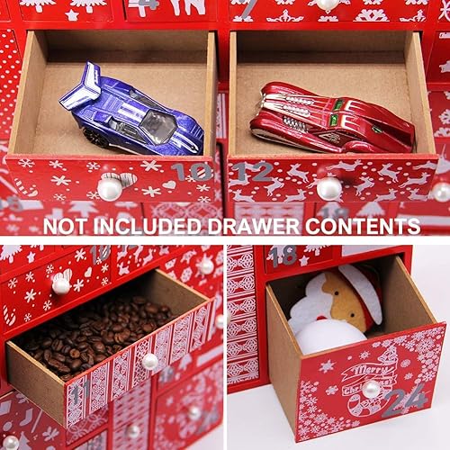 Miniatura 5 de Juegoal Calendario de Adviento rojo con 24 cajones cuenta regresiva para Navidad, Adviento de madera recargable, regalo de Navidad para niños, 15