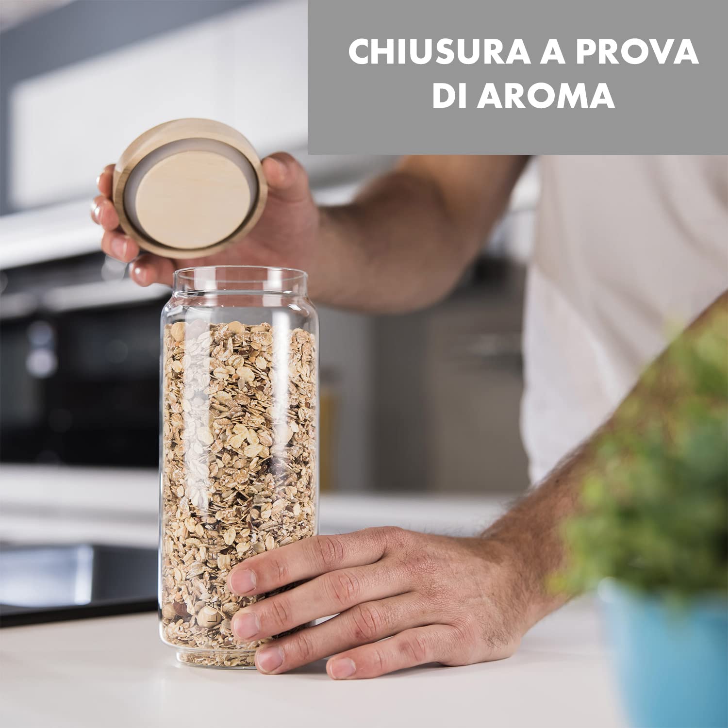 Set 3 Barattoli Vetro Borosilicato Per Alimenti Con Coperchio Legno Acacia - 1,5L 1,1L 0,75L - 2