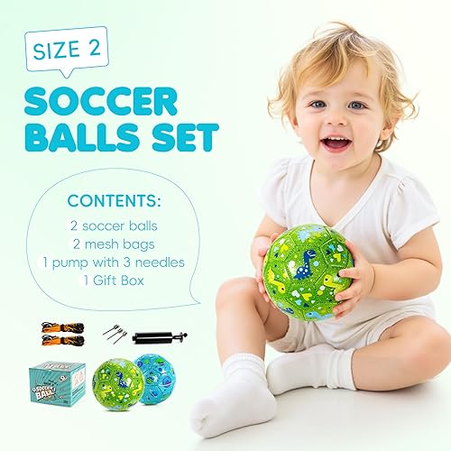 Miniatura 3 de Paquete de 2 pelotas de fútbol para niños, tamaño 2/talla 3, bolas de fútbol para niños, bolas de dibujos animados para niños con bomba, bolsa