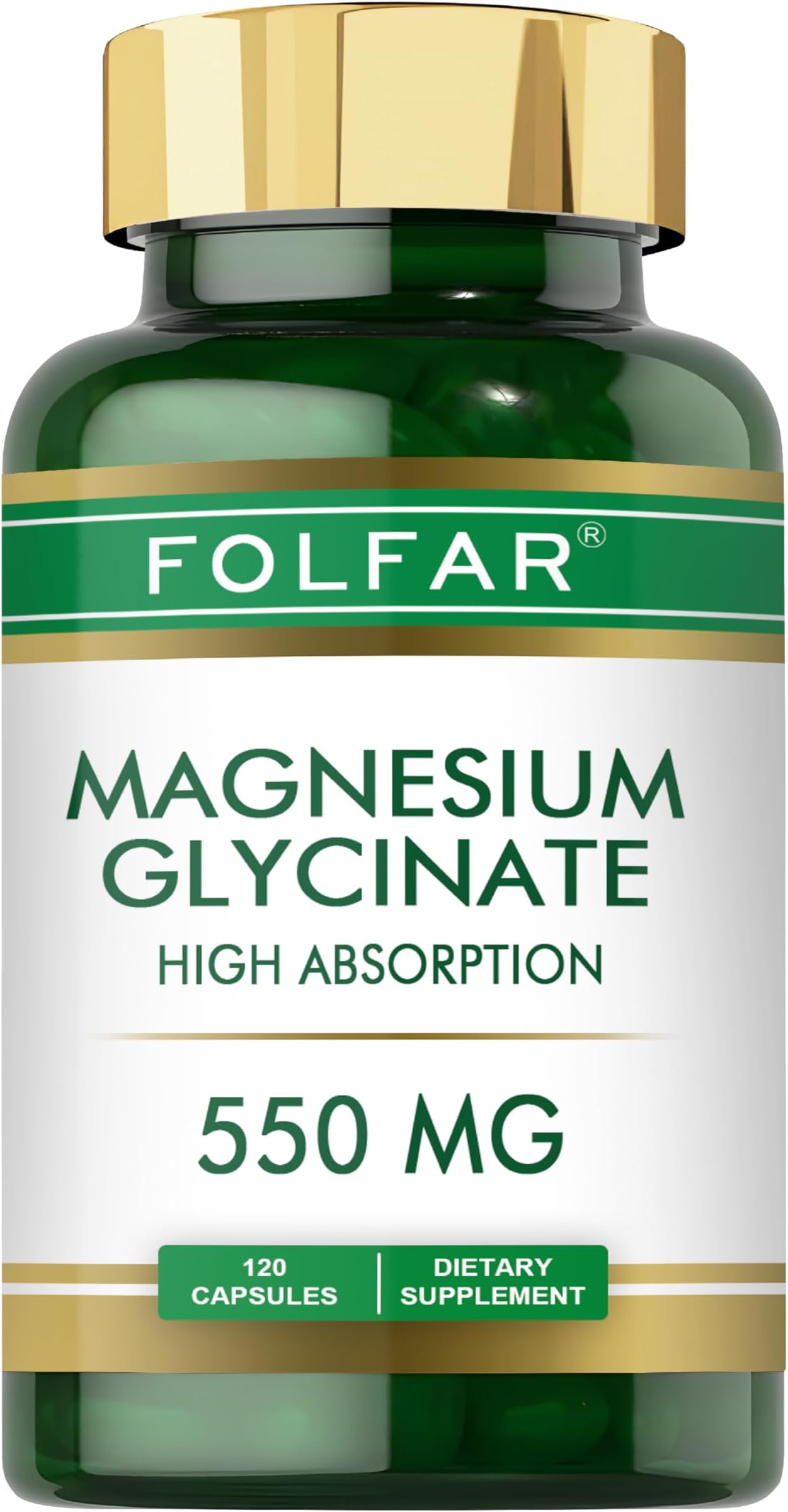 Folfar Magnesium Glycinate 550mg, 120 Capsules, Improves Sleep, Calm, Stress Relief, Supports Nerve, Muscle, Bone & Heart Health, Vegan, Third Party Tested, Gluten Free, Non-GMO
