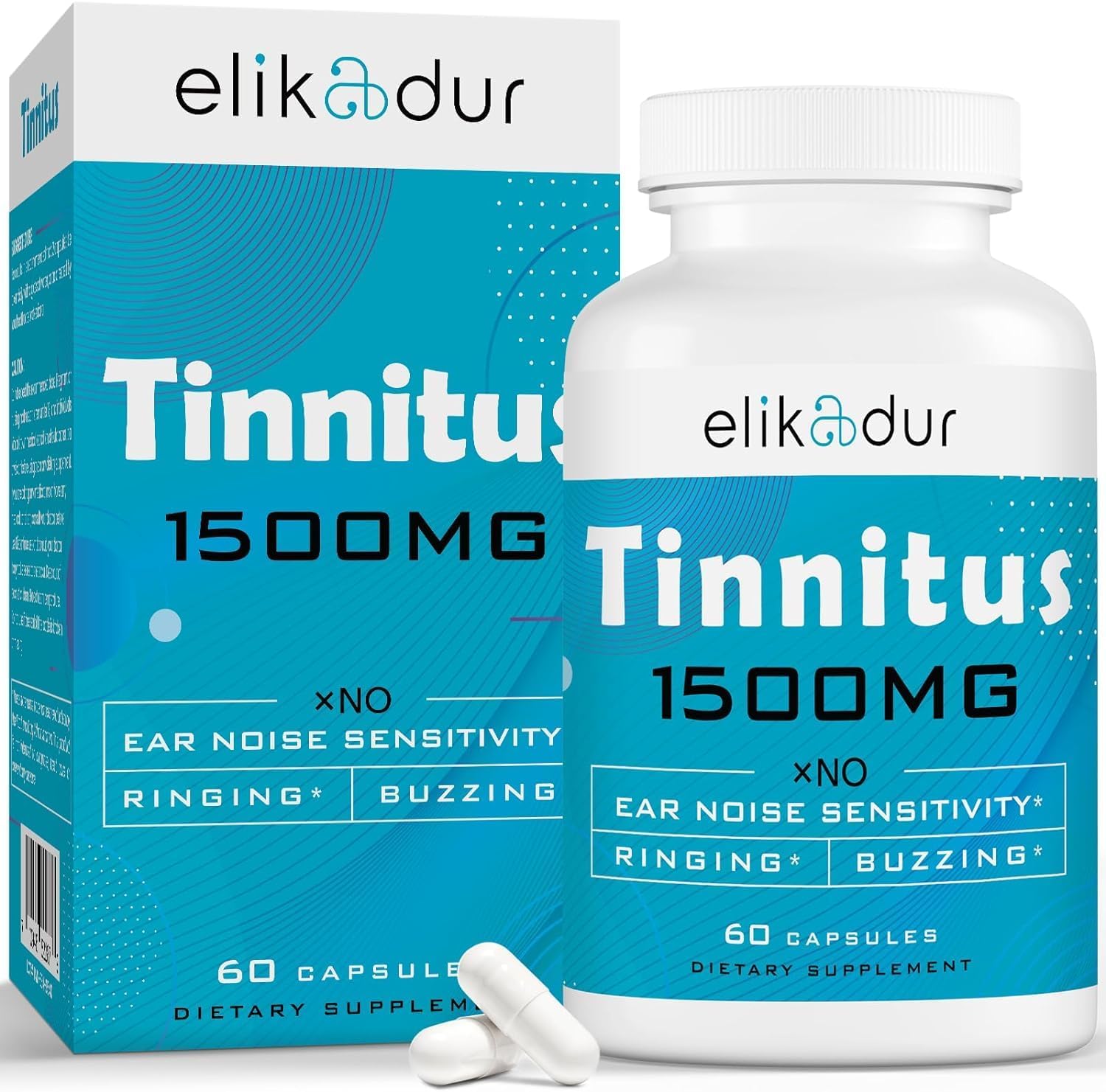 Elikadur 1500 MG Tinnitus Relief for Ringing Ears, Tinnitus Relief Supplement for Ear Ringing Relief, Proprietary Herbal Blend & Bioflavonoids, Reduce Ear Tinnitus Relief for Women Men, 60 Caps