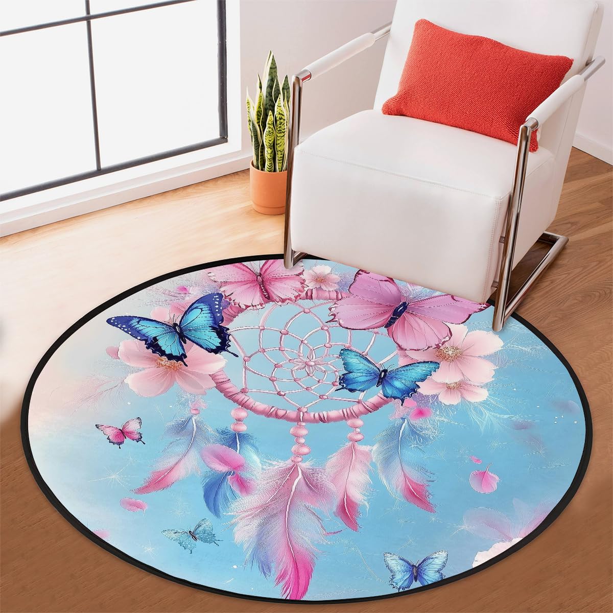 Traumfänger-Teppich mit Schmetterlingen, rund, waschbar, Gaming-Teppich für Schlafzimmer, Wohnzimmer, Arbeitszimmer, Bodenmatte, 160 cm