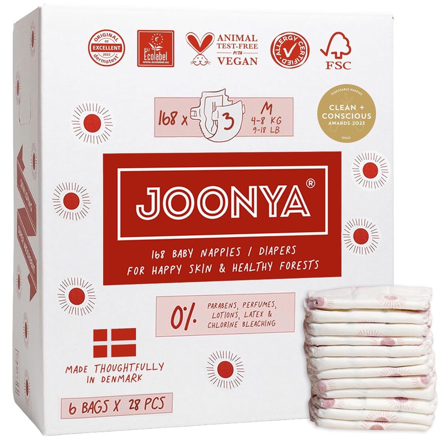Joonya Baby Windeln, Größe 3 M (4-8 kg) - 6 Beutel mit 28 Stück (168) - Schadstofffrei, Umweltfreundlich, Hohe Saugkraft, Für die Nacht, Ultraflach & Weich - Hergestellt in Dänemark