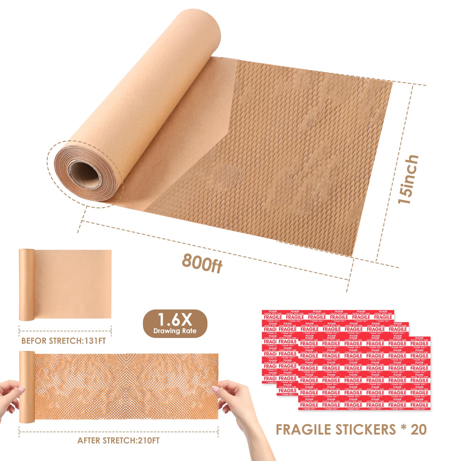 Papel de embalaje de panal de 38.1 cm de ancho x 2,2 m de largo, alternativa de papel de burbujas para envío, suministros de mudanza, embalaje de pequeñas empresas, cajas de embalaje y papel de regalo
