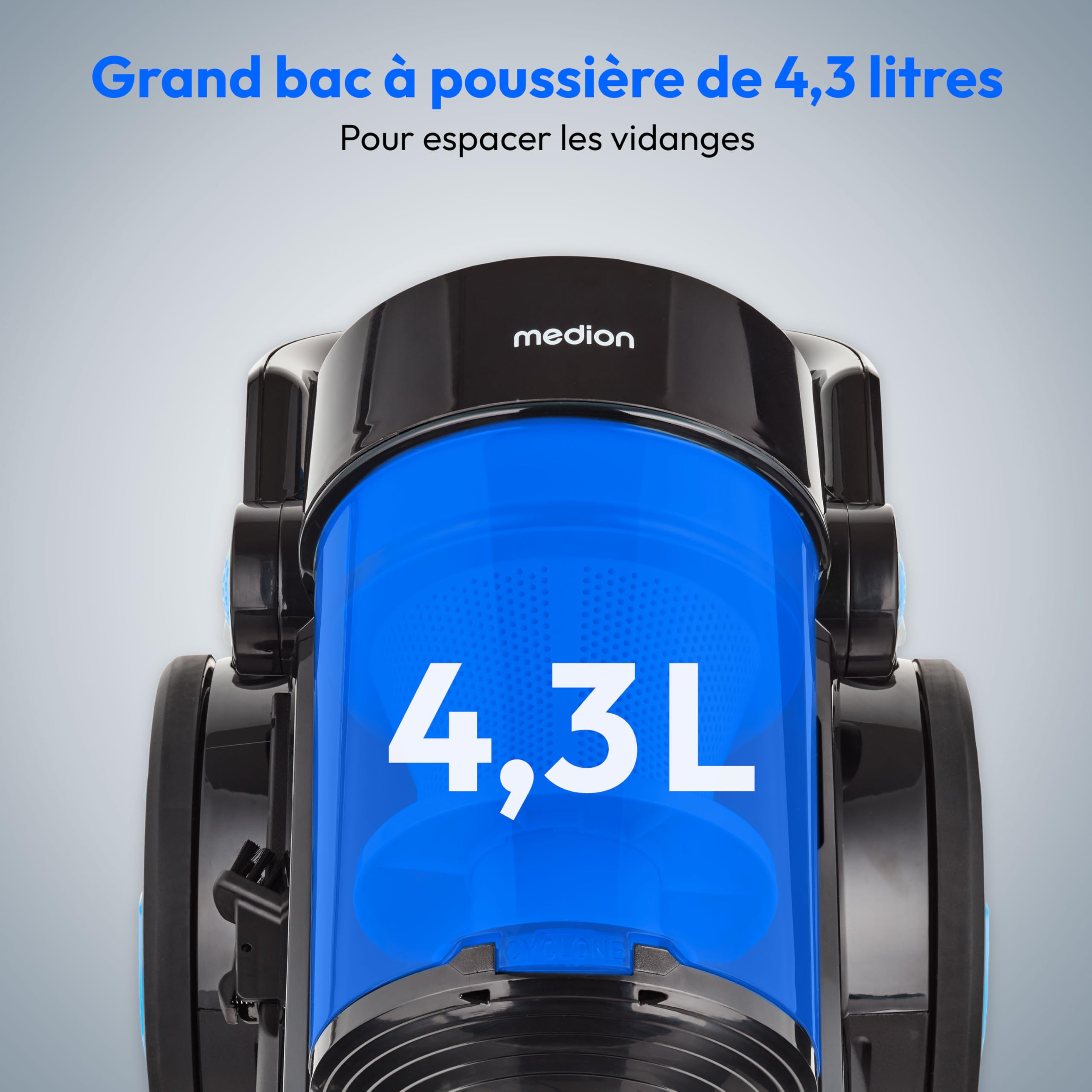 MEDION Aspirateur cyclonique sans Sac P4000 (Puissance 900 Watts, capacité du bac à poussière 4,3 litres, Filtre HEPA 13 Lavable, Rayon d'action 11 m, MD 11906) Bleu
