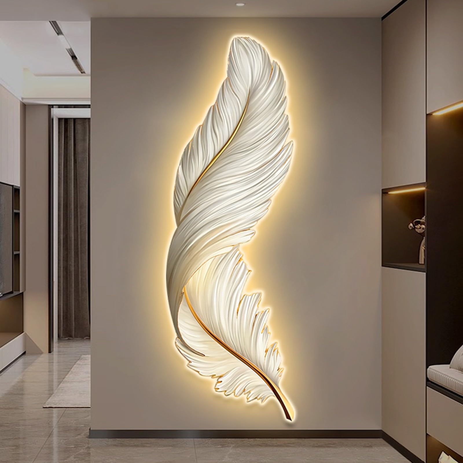 Decorazione murale 3D, Arte murale con luci a LED, Grande Scultura da Parete a Forma di Piuma, per Ingresso, corridoio, Camera da Letto, Alimentazione a Spina(A,30 * 80cm/11.8 * 31.5in)