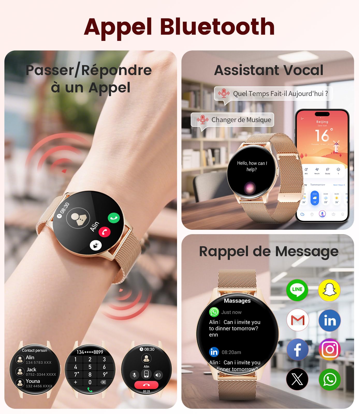 BENYAR SMART Montre Connectée Femme 1.43" HD, pour iOS/Android, Or Rose | Suivi du Cycle Menstruel, Santé 24h, Appels Bluetooth, 100+ Sports, IP68 imperméable, 300mAh Autonomie 7 Jours, 2 Bracelet