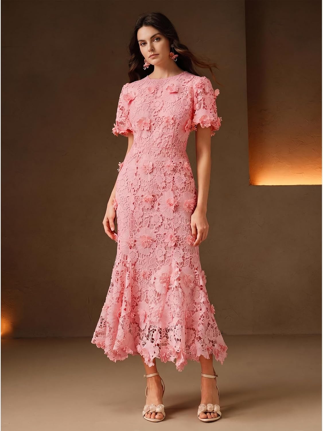 JIN SU Women's 3D Floral Lace Midi Wedding Guest Dress image 5