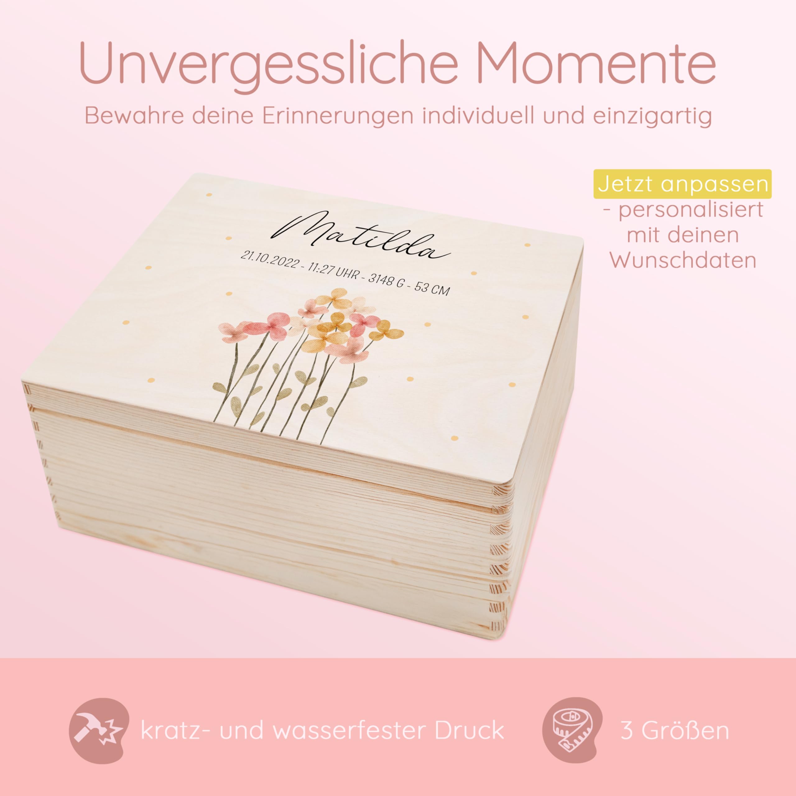 Bärenfreunde - Personalisierte Erinnerungsbox Baby mit Spezial-Druck - Individuelle Baby Erinnerungsbox - Erinnerungskiste aus Holz - Geschenk zur Geburt (M | Klappdeckel,Blumen Punkte)