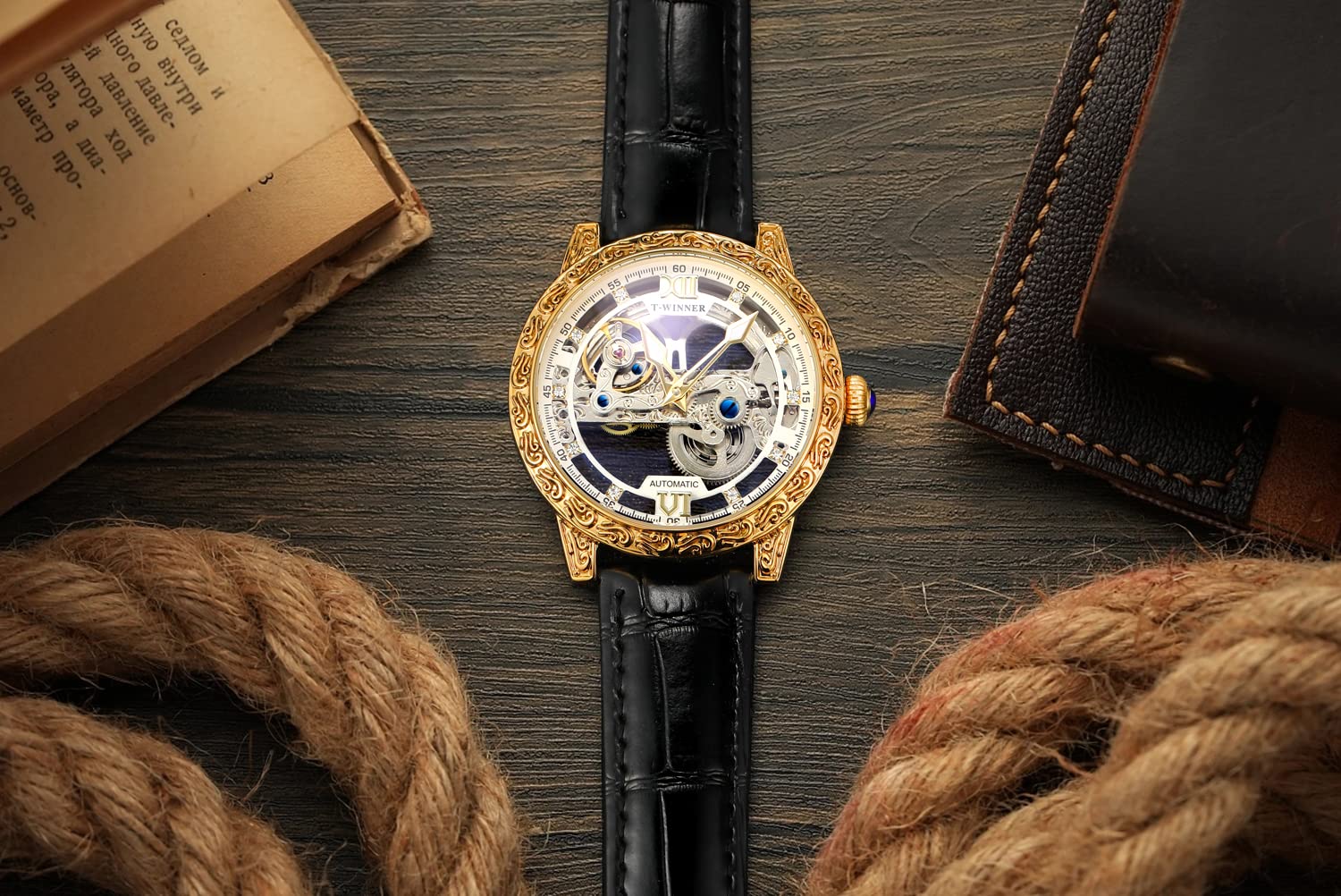 FORSINING Tourbillon Herren-Armbanduhr, mechanisch, luxuriös, Blumenmuster, gravierbar, wasserdicht, Skelett-Armbanduhr, Transparent, Mechanisch
