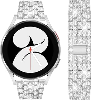 DEALELE Bands Compatible with Samsung Galaxy Watch 5/5 Pro/Galaxy 4/4 Classic/Galaxy 3 41mm / Galaxy Watch 42mm / Active 2, 20mm Shiny Diamond Metal Strap Replacement for Women Men (Silver.)