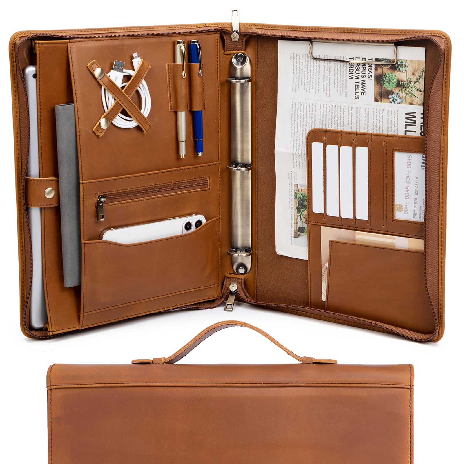 Porte-documents en cuir véritable à 3 anneaux avec porte-bloc, poignée dissimulée, fermeture éclair de 21,6 x 27,9 cm, organiseur professionnel pour homme et femme, marron