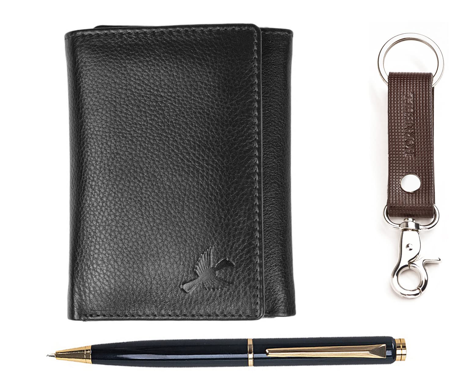 HORNBULL Trifold Black Leather Wallets for Men, Keyring & Pen Combo Gift Set for Men | Wallet Men Leather Branded