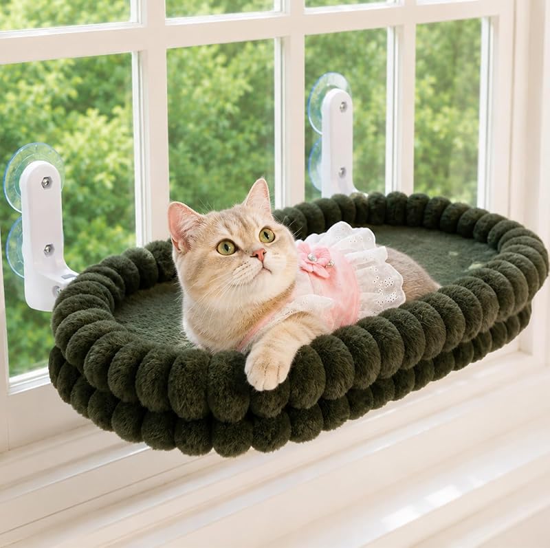 Cama de janela para gatos CHEERPALS com almofada reversível e ventosas, Verde, Medium