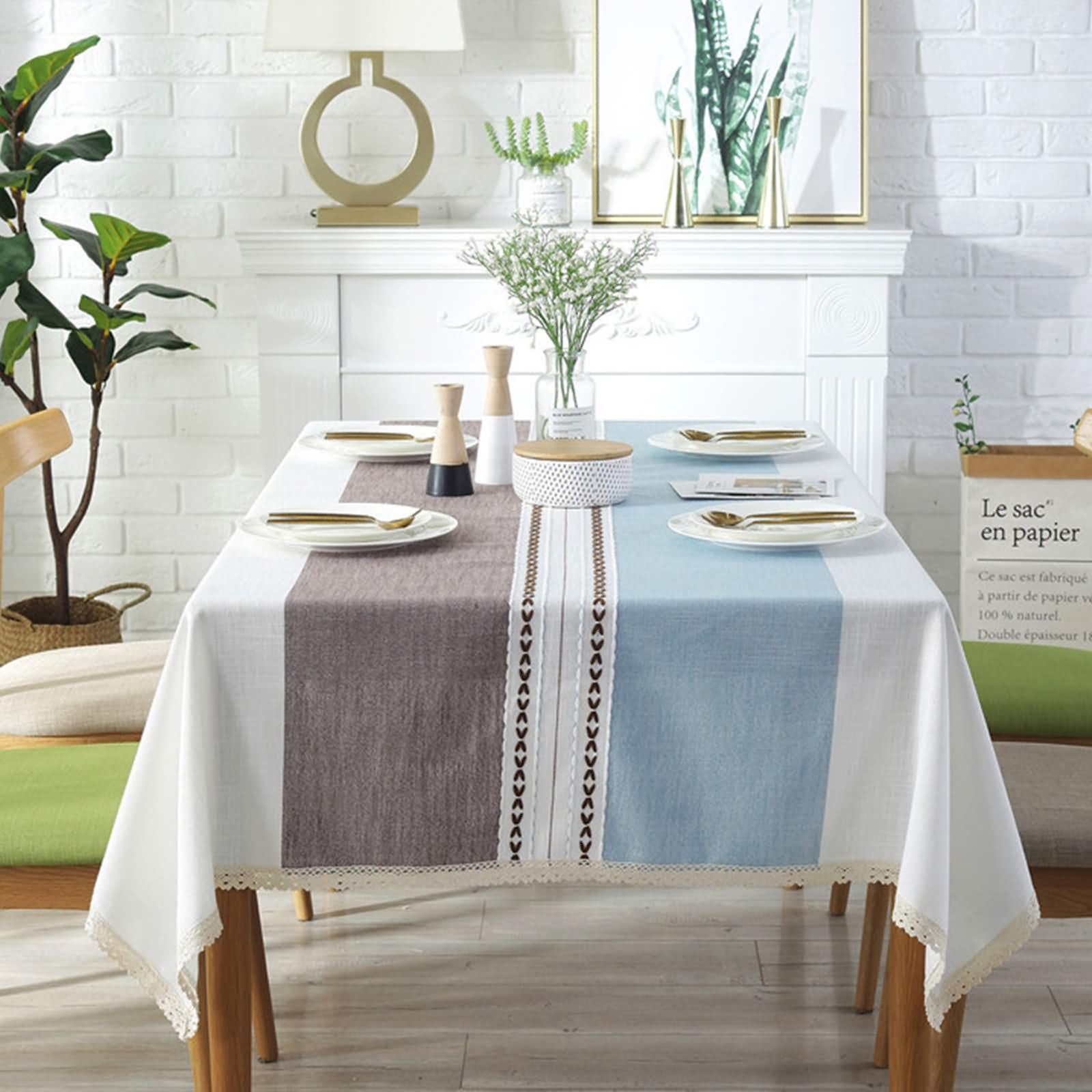 Mantel Moderno Rectangular Azul, Empalme con Encaje, de Poliéster Fácil de Limpiar, 120 x 180 cm, Mantel para Restaurante