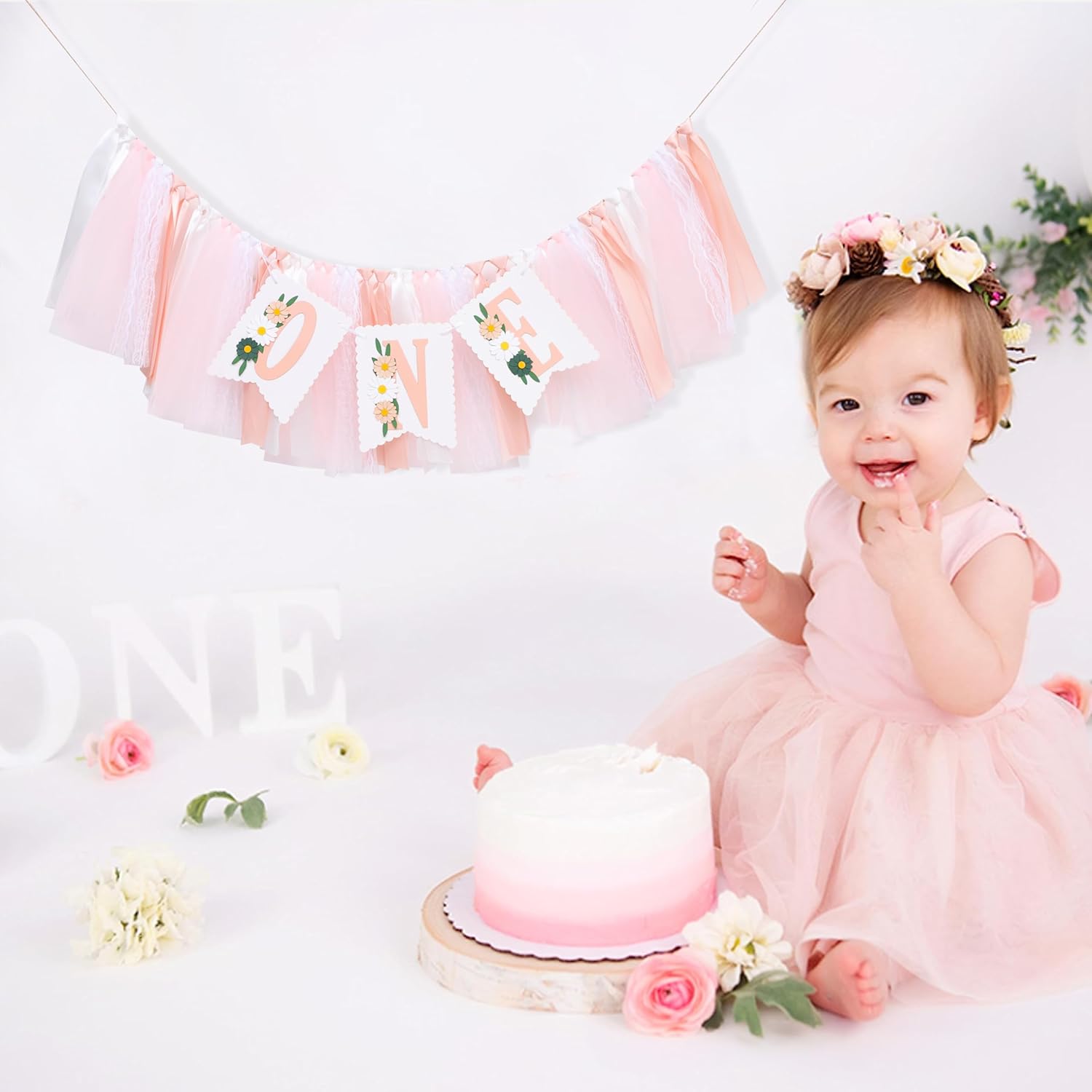 Wild Flower High Chair Banner - Pink Floral Wildone Party Supplies , Daisy One Birthday Highchair Banners , Our Little Wild Flower Is Turning One , Daisy 1st Photo Prop Cake Smash , Bohemian Wreath (Wild Flowers Pink)