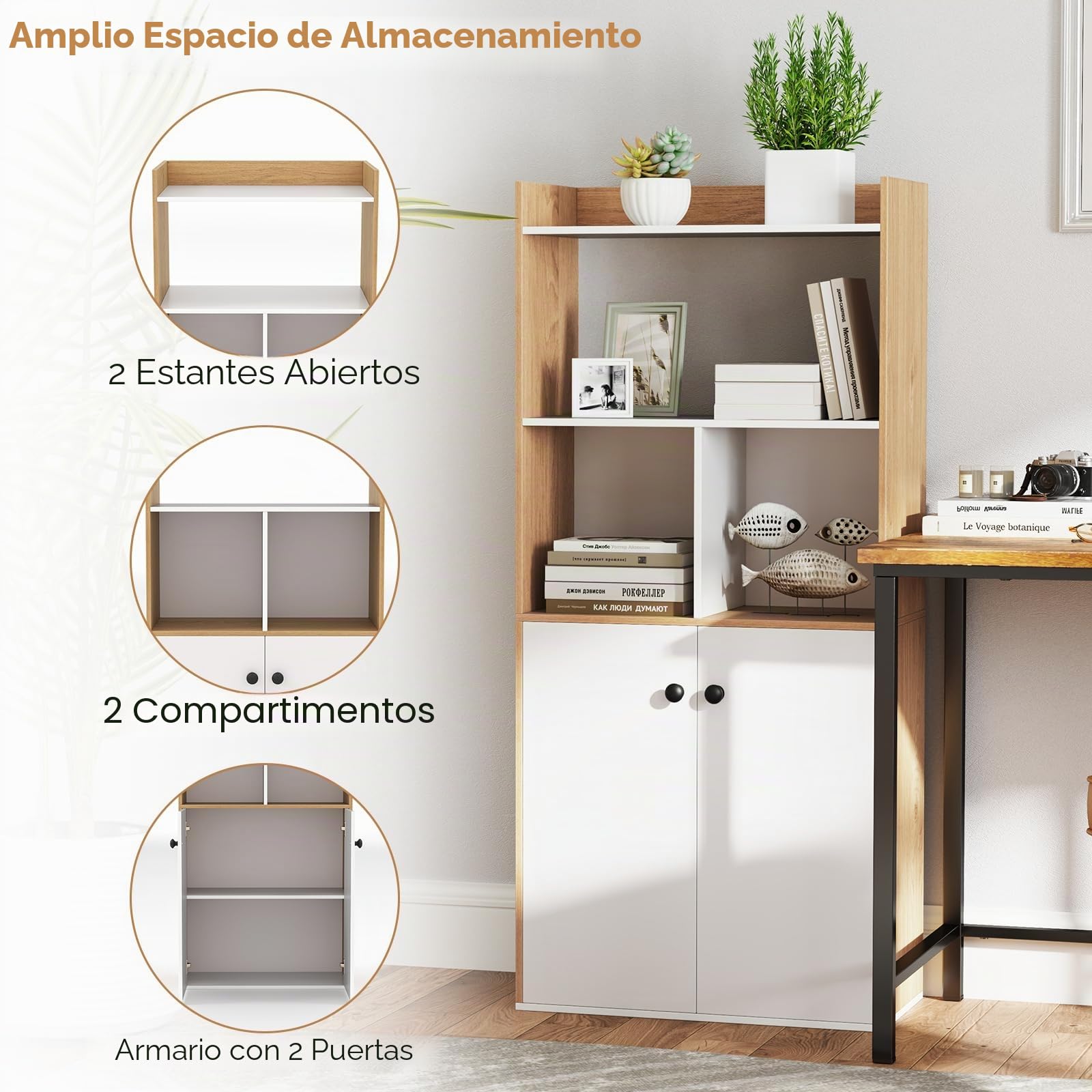KOMFOTTEU Estantería de Madera de 3 Niveles, Librería Alta con 4 Estantes Abiertos y Armario con 2 Puertas, Mueble de Almacenamiento para Salón, Dormitorio, Estudio, 60 x 30 x 133 cm
