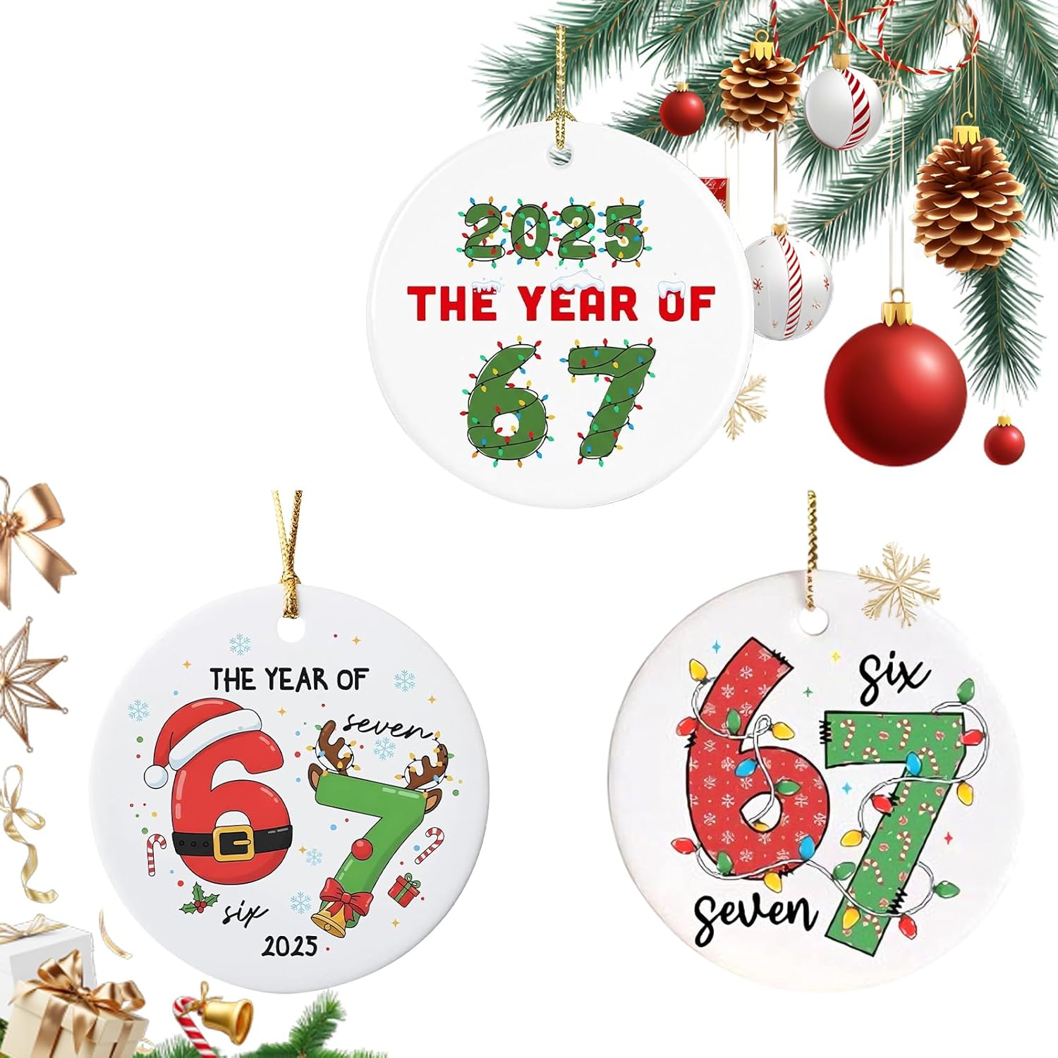 3pcs Six Seven Christmas Ornament?67 Acrylic Ornament, Funny 67 Meme Ornament?Santa Ornaments for Christmas Tree, Funny Teen Gift Type B